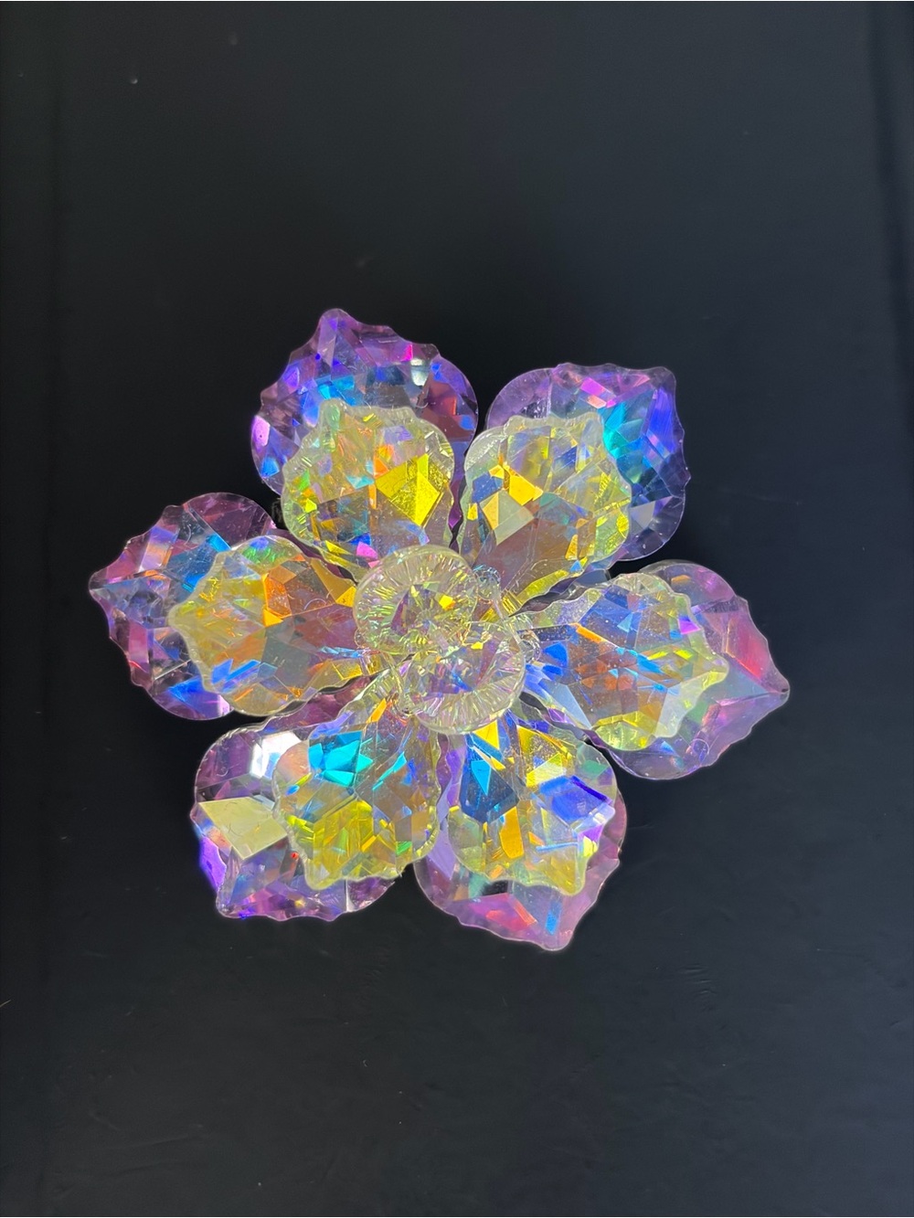 Vintage Rhinestone Flower Brooch Yellow Aurora Borealis Black Glass Statement